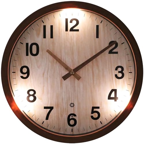 eYotto Night Light Wall Clock, 12 Inch Glow in The Dark Illuminated Silent Wall Clocks Battery Operated for Bedroom Kitchen Living Room Bathroom, Imitation Wood Color