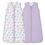 FIEMOL Rayon Made from Bamboo Baby Sleep Sack 6-12 Months, 1.0 Tog Baby Wearable Blanket, Soft Sleeping Bag for Newborn Infant Babies with 2-Way Zipper 2 Pack (Medium) Purple Butterfly