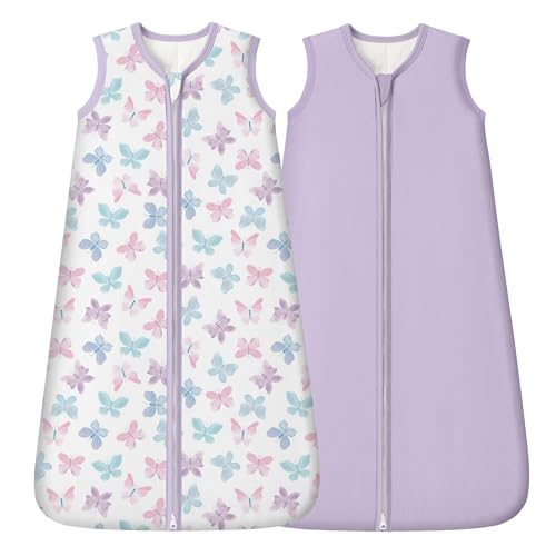 Image of FIEMOL Rayon Made from Bamboo Baby Sleep Sack 0-6 Months, 1.0 Tog Baby Wearable Blanket, Soft Sleeping Bag for Newborn Infant Babies with 2-Way Zipper 2 Pack (Small) Purple Butterfly