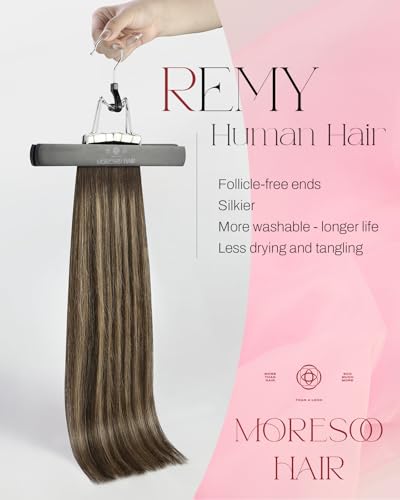 Image of Moresoo Tape in Hair Extensions Human Hair Caramel Balayage 18in 20Pcs 50g | Seamless tape in hair extensions human hair, skin weft tabs, caramel highlights, added length, half up event styling