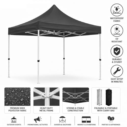 Image of Gazebo Tent Portable Popup Foldable Canopy 10x10 Ft Shelter for Event, Advertisement, Promotion, Exhibition, Market Stall, Waterproof Outdoor Gazebo Tent, Heavy Duty Frame (Black, 10 x 10 Ft)