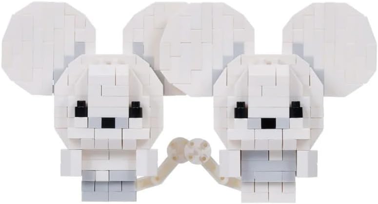 Close-up of two assembled nanoblock Pokémon Tandemaus figures holding hands