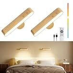 Rechargeable Wood Battery Wall Sconces Set of Two,LED Wall Lights for Bedroom with Remote Control and Touch,360° Magnetic Rotation,3 Colors Dimmable Brightness Wall Lamps with 15 RGB Colors,2 Pack