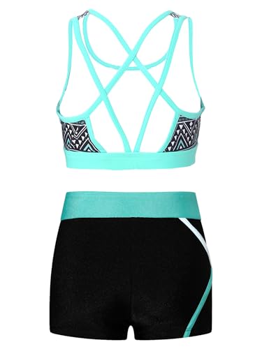 Kids Girls Dance Gymnastic Outfit Sleeveless U Neck Crop Top With Shorts Set Sport Training Dancewear Geometric Black 14 Years2