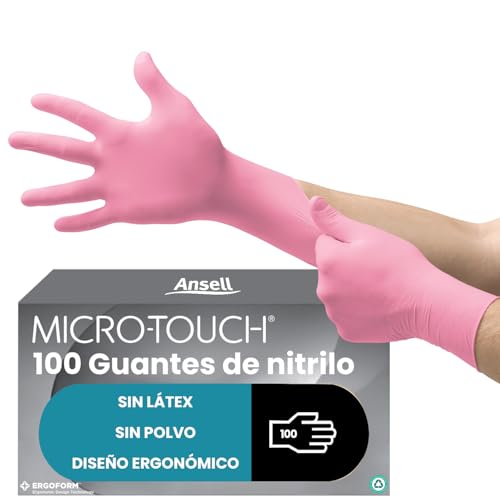 Ansell Micro-Touch Nitrafree Guantes Nitrilo Desechables, Multiuso, Alimentos, Cocina, Limpieza, Mecanico, Sin Polvo, Rosas, Talla S (100 Guantes)