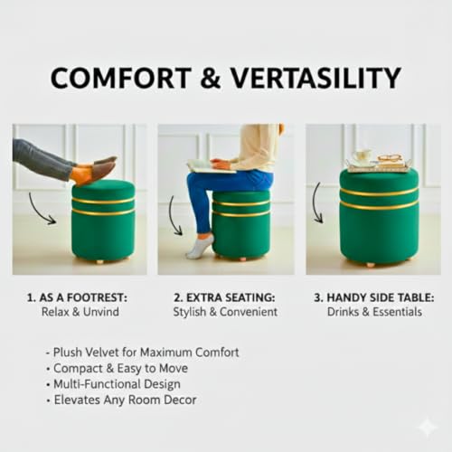 Image of Decorative Ottoman Pouffes for Sitting - Two-Piece Set of Puffy Stools and Footstools - Round Ottoman Stool for Living Room Furniture (Green)