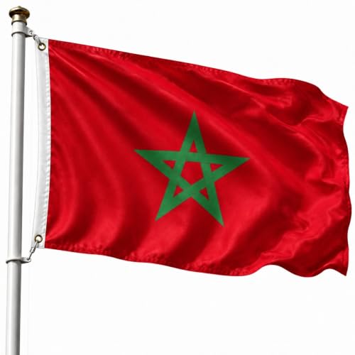 Bandera Marruecos 90x150cm, Bandera Marroquí con 2 Ojales de Latón, Morocco flag, Bandera Copa del Mundo, Bandera de País para exterior, Material Poliéster, Resistente al viento y lluvia