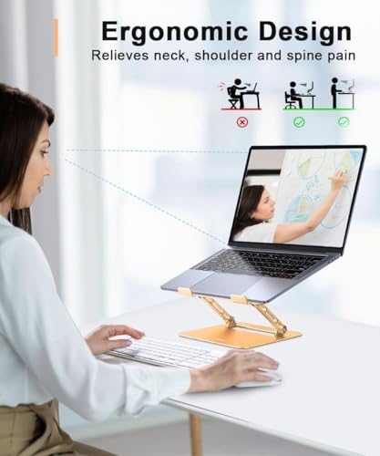 Image of Aoviho Adjustable Laptop Stand for Desk,Portable Laptop Stand Holder and Riser,Foldable Aluminum Notebook Computer Stands for MacBook Air Pro HP Lenovo Dell Samsung Chromebook, 10-15.6 inch, Gold