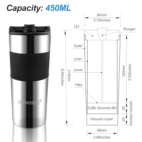 patmoseal Insulated French Press Travel Mug Leak-Proof, Portable Coffee Maker, Vacuum Cafetiere 3 Cups for Travel, Camp, 15oz/450ml (Silver) - Image 2