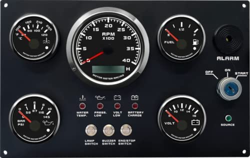 MOTOR METER RACING - MOTOR METER RACING W Pro Instrument Panel - 85mm Rev Counter/Tachometer 52mm Volt, Fuel, Water Temp, Oil Pressure Gauges - 12V Black Dial White LED - For Boat Yatch