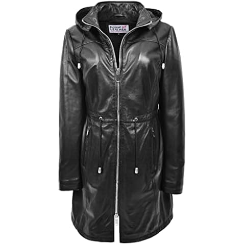 Womens Real Leather Hooded Parka Coat 3/4 Length Style Tyra Black 18 Cover