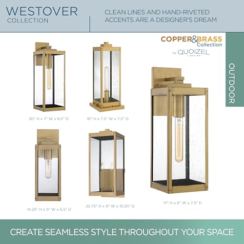 Image of Quoizel Westover 22.75 inch Outdoor Wall Lantern, Antique Brass | 2-Light, Clear Seeded Glass, Outdoor Wall Light, Modern Industrial