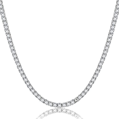 Krfy Tennis Necklace For Women Men, 18K White Gold Plated Silver Tennis Diamond Necklace For Women Trendy Simple 4.0Mm Dainty Classic Round Cubic Zirconia Tennis Necklaces 20 Inch #TOP4