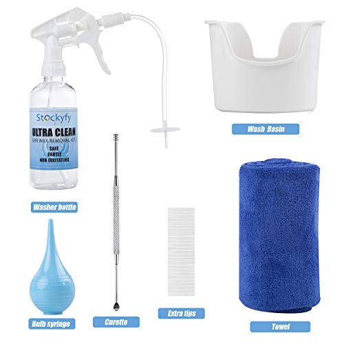 Ear Wax Removal Tool - Irrigation Flushing System kit Perfect Ear Cleaning Kit for Adults & Kids-350ml Spray Bottle, Basin, Bulb Syringe,Curette (Ear Spoon and Spiral),Towel and 25 Disposable Tips