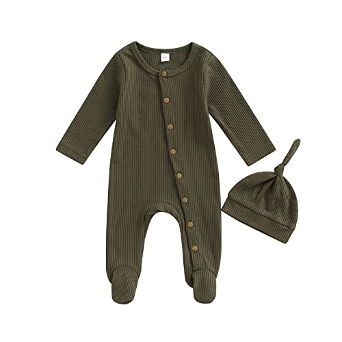 Image of Xiaodriceee Newborn Infant Baby Boy Girl Fall Winter Clothes Long Sleeve Button Waffle Knit Footed Romper Hat 2Pcs Outfit