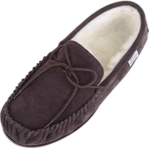 SNUGRUGS Lambswool Suede Moccasin Slippers with Rubber Sole - Dark Brown - UK 9 Cover