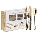 N9R 300PCS Gold Plastic Silverware, Heavy Duty Gold Plastic Cutlery Set Disposable Flatware Dinnerware, 100 Forks, 100 Spoons, 100 Knives, Perfect for Party, Wedding and Daily Use
