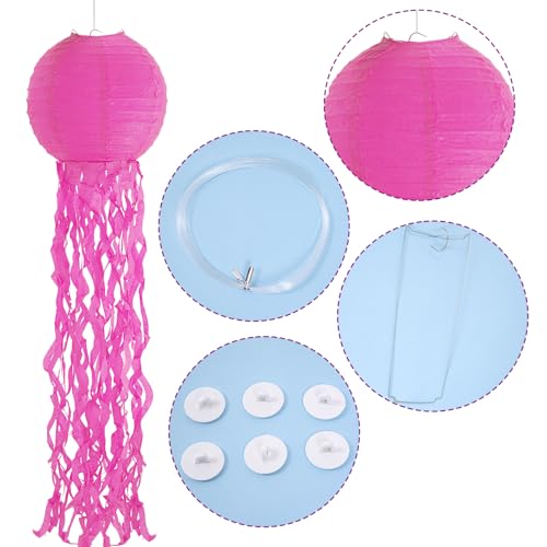 Image of Set of 6 Hanging Jellyfish Paper Lanterns Blue Jellyfish Decor for The Sea Ocean Party, Mermaid Birthday Decoration, Baby Shower, Nautical Events (Pink)