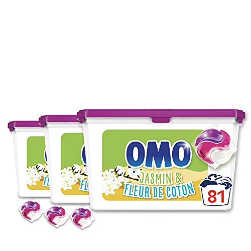 OMO Lessive Capsules 3en1 x81, Jasmin et Fleur de Coton, Testée dermatologiquement, Respectueuse des peaux sensibles, Propreté éclatante, Parfum longue durée, 81 Capsules (Lot de 3x27 Lavages) Cover