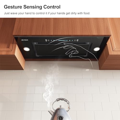 Image of IKTCH 30 inch Range Hood Insert, 900 CFM Convertible Vent Hood with 4-Speed Fan, Black Stainless Steel & Tempered Glass, Gesture Control & Touch Panel