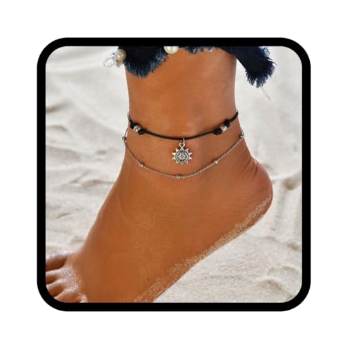 Zoestar Boho-Fußkettchen, Doppel-Fußkettchen, Silber, Sonnenblume, Armbänder, Perlen, Knöchelschmuck für Damen und Mädchen