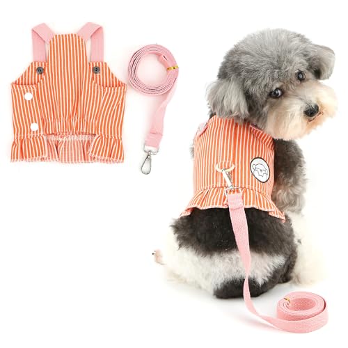 RANPHY デニム犬猫用ハーネス&リードセット ストライプ柄 洋服型 抜けにくい 小型犬 超小型犬 猫用 咳き込み軽減 通気性 軽量 安全 散歩用 フリル付き 簡単着脱 Dカン付き おしゃれ,オレンジ,XL