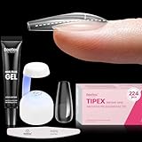 Beetles Tipex Gel Nail Kit with 224Pcs 16Sizes Medium Coffin Apex Nail Tips C Curved , Pre-building Acrylic Nails with Tipex Nail Glue，Mini Nail Lamp, Nail File for DIY Nails or Salon Use