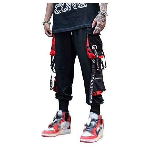 HONIEE Men's Hiphop Punk Jogger Sport Harem Pants Cargo Pants Spring (Black/Pa-red, Waistline:28-30)