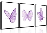 3Pcs Butterfly Wall Art Purple Butterfly Posters Pictures Minimalist Cute Animal Prints Butterfly Paintings Aesthetic Preppy Room Canvas for Girls Bedroom Nursery Home Wall Decor Gift Unframed