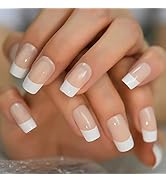 Fake Nails Medium Size Square Squoval Shape Predesigned Press on Nail (Nude French Nails)