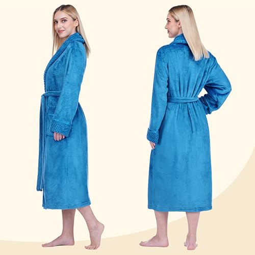 Image of PAVILIA Women's Plush Fleece Robe, Soft Cozy Long Bathrobe with Satin Waffle Trim, Warm Lightweight, Pockets & Tie Belt