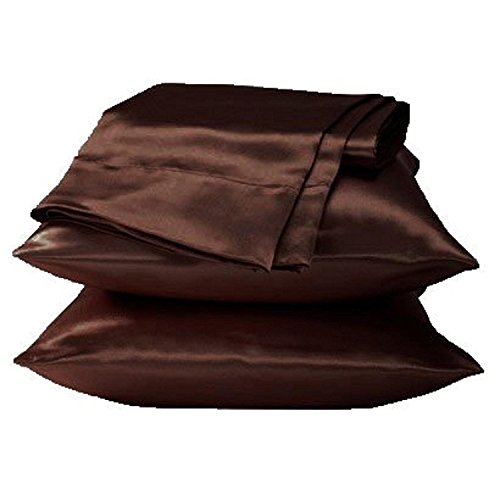 2 Pieces of 350TC Solid Coffee Brown Soft Silky Satin Pillow Cases for Standard or Queen Pillow