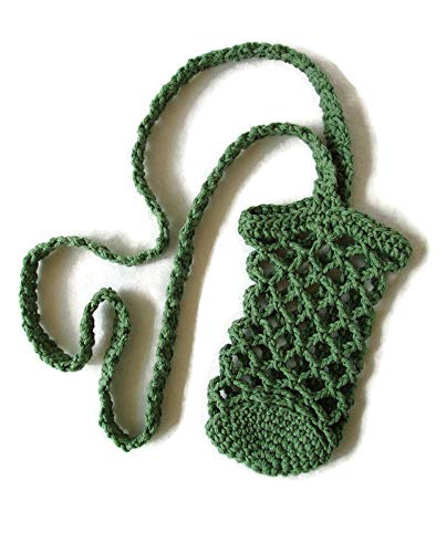 Cotton Crochet Crossbody Water Bottle Bag Green Drink Carrier Beverage Sling2