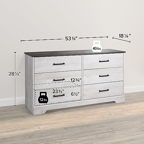 Image of Prepac Rustic Ridge Farmhouse 6-Drawer Double Dresser, Washed White Dresser for Bedroom, Chest of Drawers with 6 Storage Drawers, 53.25 inch wide x 18.25 inch deep x 28.5 inch tall, Washed White