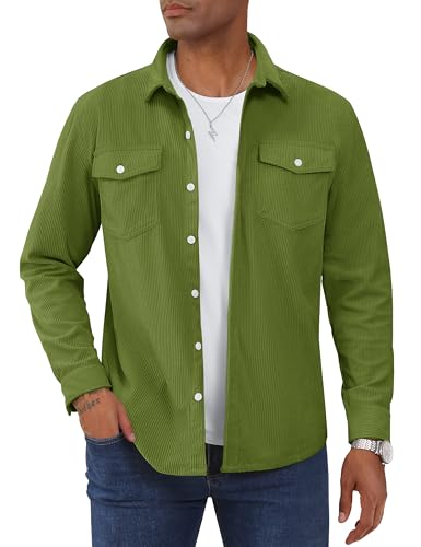 TACVASEN Corduroy Shirts for Men Casual Long Sleeve Overshirt Button Down Lightweight Shacket Jacket with Flap Pockets ArmyGreen, XL