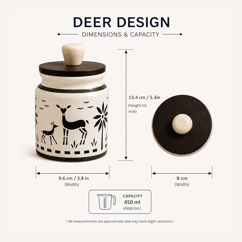 Image of Ceramic Kitchen Jars for Storage | Air Tight Containers with Wooden Lids | Masala, Salt, Pickle, Dry Fruits & Multi Utility Items Organiser Set (Hand-Painted, Green Deer, 450 ML, Pack of 1)