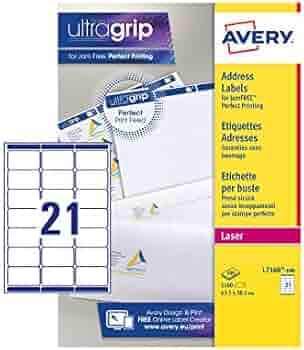 Avery Self Adhesive Address Mailing Labels (Amazon FBA Barcode Labels), Laser Printers, 21 Labels Per A4 Sheet, 2100 Labels, UltraGrip (L7160), White