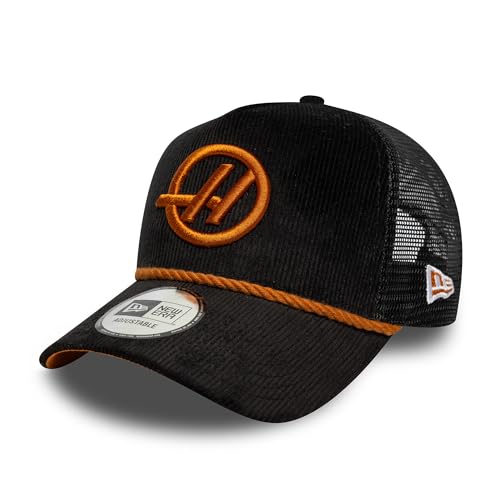 Casquette Haas F1 New Era en velours côtelé noir réglable pour passionnés de course automobile