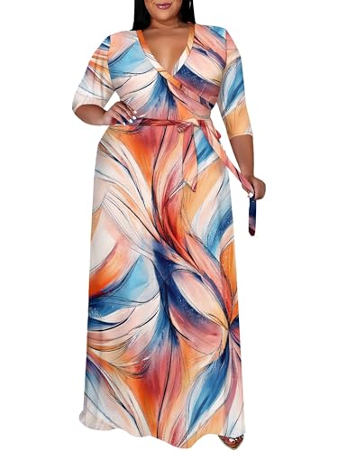 Image of SUZONANA Plus Size Maxi Dresses for Curcy Women Casual Loose 3 /4 Sleeve Long Dress with Belt