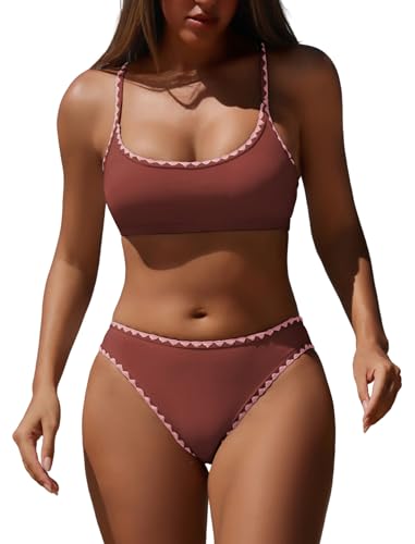 ZAFUL Women's Bikini Set Criss Cross Back Two Piece Swimsuits Scoop Neck Splicing Lace Up Textured Bathing Suits