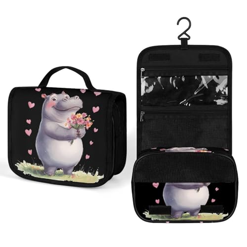 Hippopotamus Flowers Love Heart Makeup Bag Portable Hanging Organizer for Travel Wash Bags With Handle And Divider