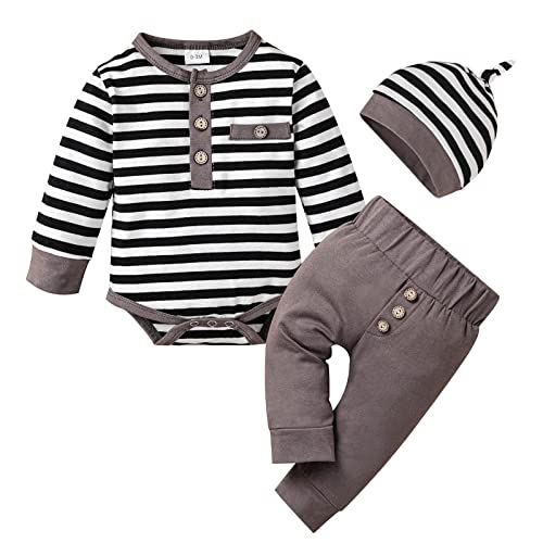 Image of ODASIRA Newborn Baby Boy Clothes Infant Long Sleeve Stripes Romper Fall Winter Outfits Solid Pants 3Pcs Set