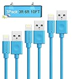 Quntis 3 Pack (3ft 6ft10ft) Extra Long USB Cable Charger Cord for iPhone 7 6s SE 6plus 6 5s 5c 5,iPad Mini Mini 2 mini 3 iPad 4 iPad Air iPad Air 2(Compatible with iOS) [Blue]