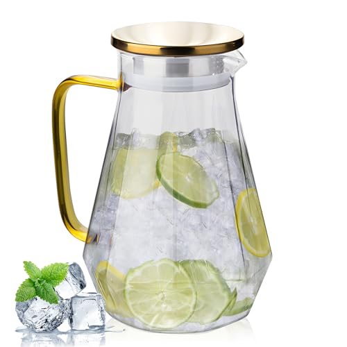Nuscen Glass Water Jug with Lid, Boroscillate, 2L-67OZ Pitcher for Fridge & Hot Beverages for Juice jugs, Heat-Resistant Carafe with Drip-Free Spout & Stainless Steel Lid,Juice, Iced Tea & Cocktails