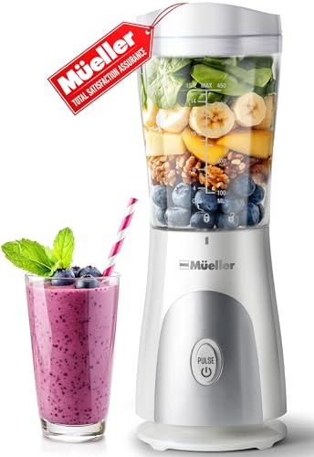 Comparison: Best Blender For Alcoholic Drinks 5 Mueller Smoothie Blender for Smoothies - Personal Blender for Shakes, Frozen Drinks, Baby Food & More, 15oz Travel Cup and Lid, Durable Stainless Steel Blades for Powerful Blending Performance, White
