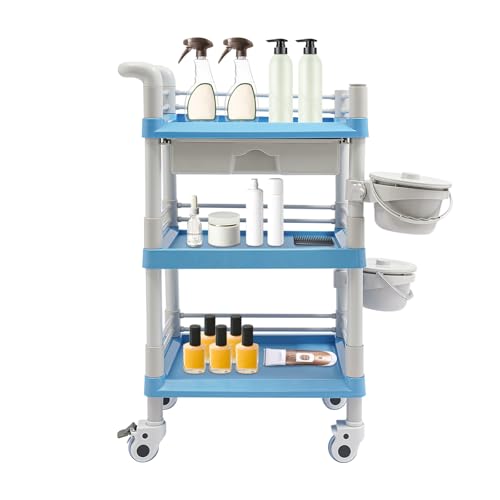 Mobile Medical Trolley Cart 3-Tier Professional Beauty Organizer with Lockable Wheels, Salon Storage Cart Utility Cart for Hospital Dental Clinic Home Beauty (Blue)