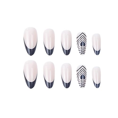 Sinhot Almond Press On Nails Medium Length Glossy Fake Nails Black French Stiletto False Nails On Glue With Black Heart Designs White 24Pcs Acrylic Nails For Women And Girls #TOP1