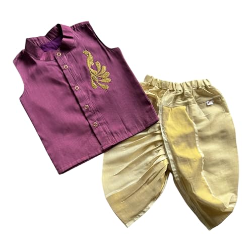 Image of Picksparrow Baby Boy Cotton Silk-Tissue Kasavu Cotton Shirt with Dhoti pant (Peacock-Sleeveless)