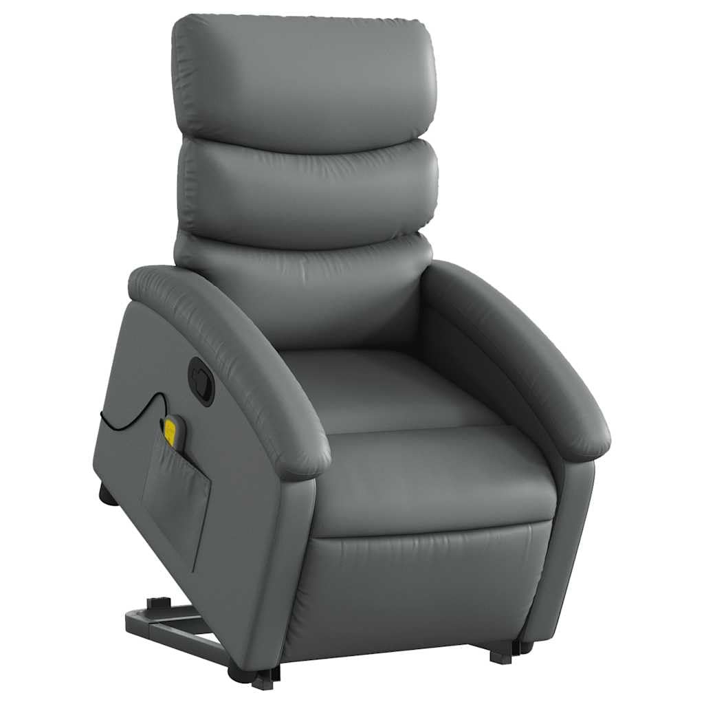 Sillón elevador reclinable con masaje de 6 puntos, color gris, piel sintética, función elevación eléctrica y vibración, estructura estable de madera y metal, bolsillo lateral