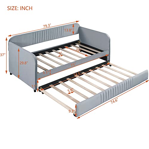 Harper & Bright Designs Upholstered Daybed With Trundle,Wooden Twin Size Daybed Frame, Tufted Sofa Bed Daybed With Wood Slat Support For Bedroom,Living Room,Velvet Fabric,Grey #TOP2
